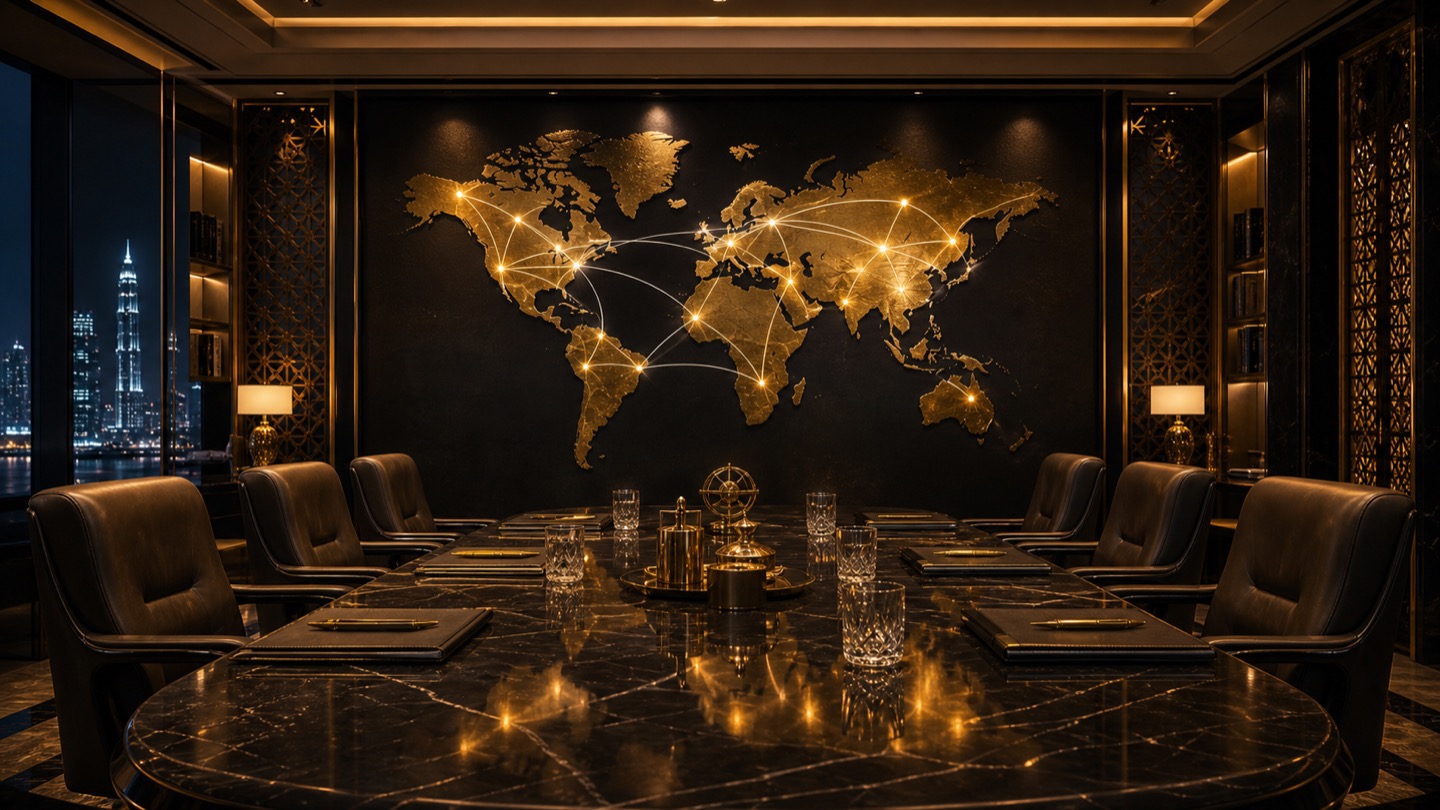 Salle stratégique luxueuse avec carte mondiale dorée et connexions internationales